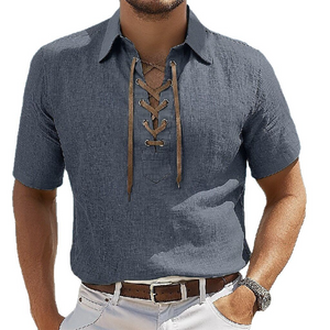 Camisa informal de manga corta con solapa de encaje para vacaciones de color liso para hombre