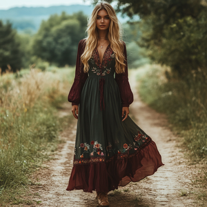 Vestido largo estilo pastoral informal, bohemio y floral vintage para mujer