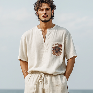 Camiseta informal de algodón y lino con cuello en V y manga corta bordada para hombre, primavera y verano