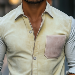 Men's Spring Fashion Casual Slim Suede Splicing Long Sleeve Shirt