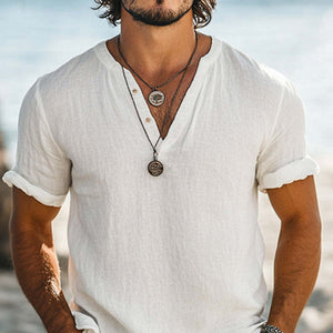 Camiseta informal sencilla de algodón con cuello en V y manga corta para hombre