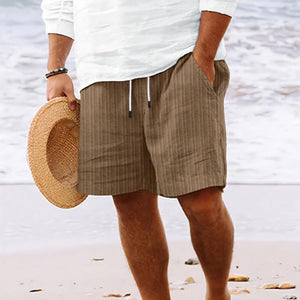 Pantalones cortos de playa a rayas de algodón y lino con cordón para hombre