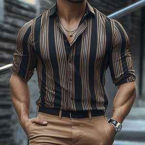 Men's Summer Retro Vertical Stripe Print Short Sleeve Shirt