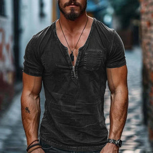 Camiseta informal de algodón lavado con cuello con cremallera y bolsillo de parche para hombre, manga corta