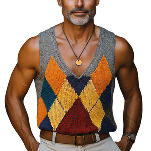 Men's Summer Fashion Diamond Colorblock Knitted Tank Top