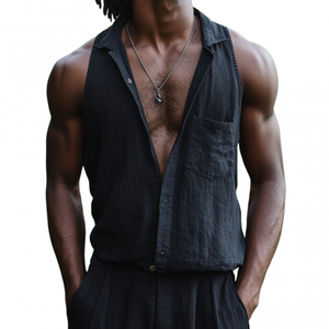 Men's Casual Cotton Linen Lapel Patch Pocket Slim Sleeveless Shirt