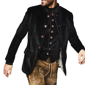 Chaqueta entallada de terciopelo con cuello alto y botonadura sencilla para hombre, color negro
