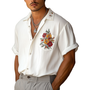 Camisa informal de gasa bordada de manga corta para hombre