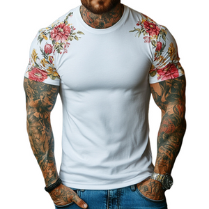Camiseta de manga corta con cuello redondo y estampado floral retro informal para hombre