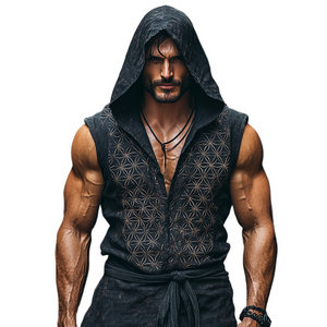Men's Vintage Casual Hemp Flower Of Life Printed Hooded Sleeveless Shirt