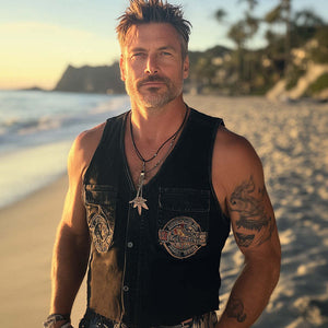 Chaleco vaquero desgastado, lavado y bordado retro de verano para hombre