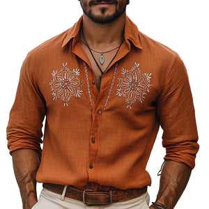 Camisa de manga larga con bordado vintage para hombre