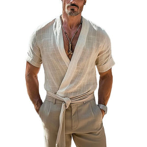Camiseta retro de manga corta con cuello redondo y borde sin rematar de color liso para hombre