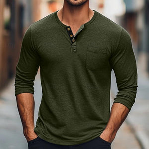 Camiseta de manga larga con cuello redondo y botones de color liso para hombre