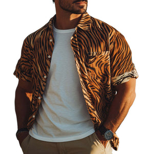 Camisa informal de manga corta con estampado de tigre retro de verano para hombre