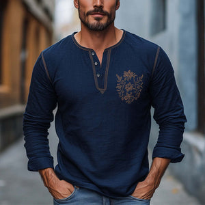 Camiseta de manga larga con cuello Henley bordado de algodón y lino azul marino para hombre