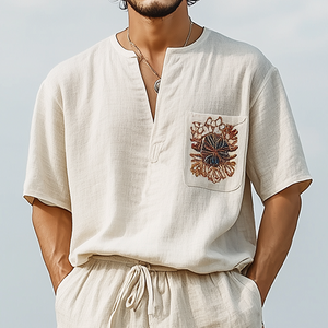 Camiseta informal de algodón y lino con cuello en V y manga corta bordada para hombre, primavera y verano