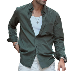 Camisa de trabajo informal retro lavada de manga larga con bolsillo de solapa para hombre