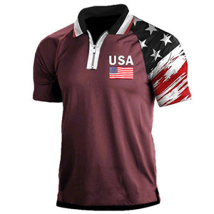POLO RAGLÁN CON ESTAMPADO DE PATCHWORK Y GRÁFICO DE LA BANDERA DE EE. UU.
