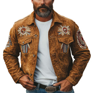 Chaqueta ligera de ante bordada vintage para hombre