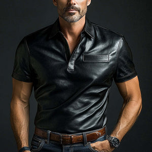 Camiseta de manga corta de cuero negro liso para hombre