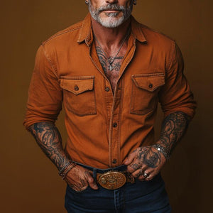 Camisa de manga larga con bolsillo liso, estilo retro informal para hombre