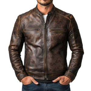 Herren Vintage Distressed Reißverschluss Lederjacke