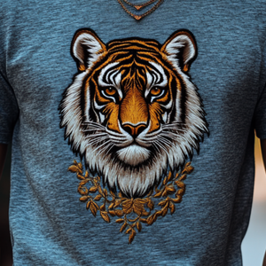 Camiseta informal de algodón con bordado de tigre para hombre, cuello redondo, manga corta y holgada