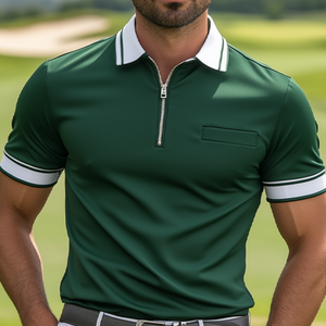Polo de golf de manga corta con cremallera y colores contrastantes para hombre