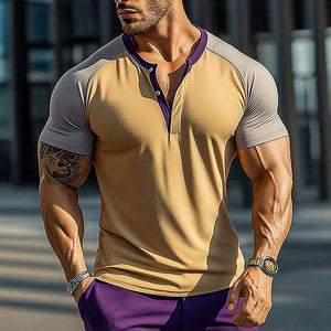 Camiseta de manga corta con cuello Henley, estilo retro informal de algodón con bloques de color para hombre