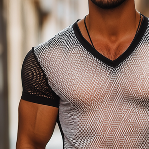 Camiseta de manga corta con cuello en V, estilo retro, informal, de verano, con tejido de malla y bloques de color para hombre