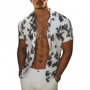 Camisa informal de manga corta con solapa estampada para hombre