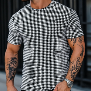 Camiseta informal de manga corta y cuello redondo con estampado de pata de gallo para hombre