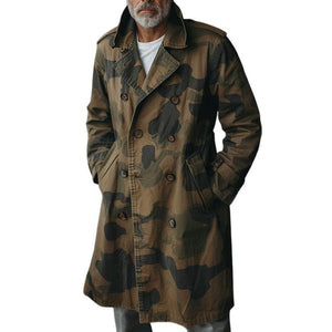 Gabardina cargo de largo medio con solapa y doble botonadura de camuflaje para hombre