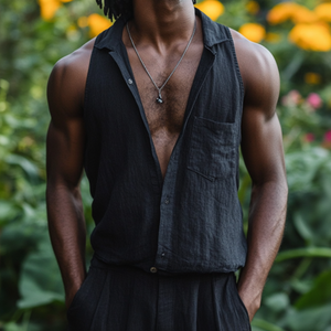 Men's Casual Cotton Linen Lapel Patch Pocket Slim Sleeveless Shirt