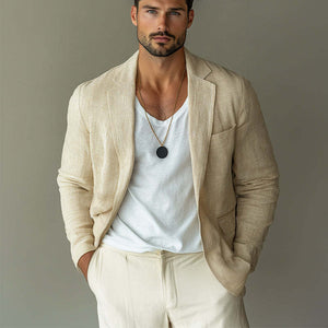 Blazer informal de algodón y lino color albaricoque con solapa con muesca para hombre