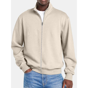 Chaqueta tipo sudadera de manga larga con cuello alto y cremallera de color liso para hombre