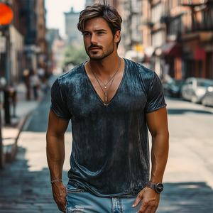 Camiseta de algodón y seda con cuello en V profundo para hombre, de moda de primavera y verano