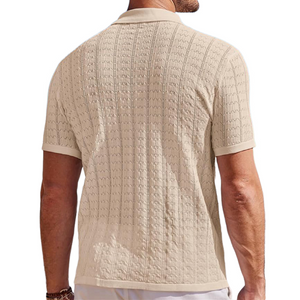 Cárdigan informal de manga corta ajustado de punto jacquard con solapa hueca para hombre