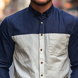 Camisa básica de manga larga de algodón y lino con costuras en contraste para hombre