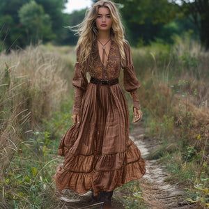 Vestido largo vintage de lino con escote en V y mangas largas para mujer, estilo pastoral.