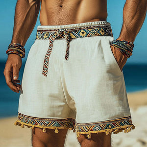 Pantalones cortos de algodón y lino con bordado retro de verano para hombre