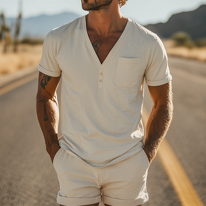 Men's Spring Fashion Casual Suede V-neck Short-sleeved T-shirt