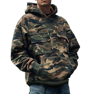 Sudadera con capucha de manga larga con bolsillo y solapa y estampado de camuflaje vintage para hombre