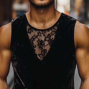 Camiseta sin mangas de terciopelo con cuello redondo y costuras de encaje para hombre