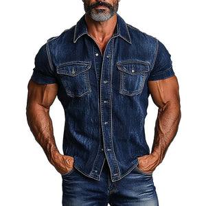 Men's Vintage Lapel Short Sleeve Denim Shirt
