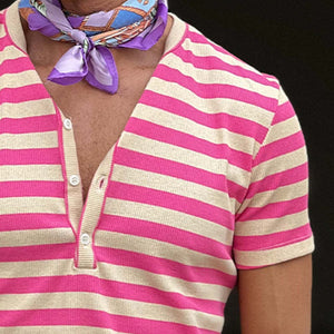 Camiseta informal de manga corta con cuello henley a rayas para hombre