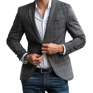 Blazer básico de cuadros grises de dos botones para hombre, primavera y otoño