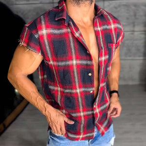 Men's Retro Casual Linen Plaid Print Lapel Short Sleeve Shirt