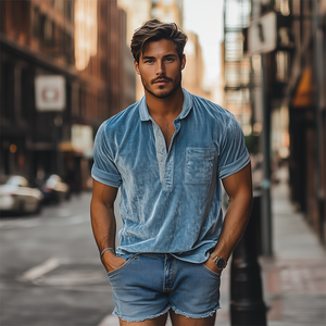 Polo de manga corta de terciopelo con cuello en V profundo y costuras de encaje sexy para hombre, moda de primavera